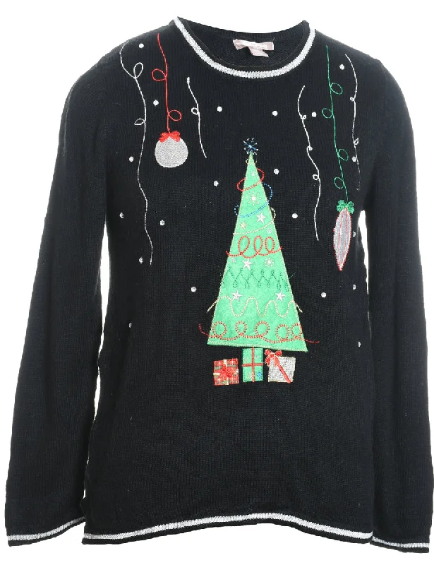 Amazing Deals Christmas Tree Design Black Appliqued Jumper - S