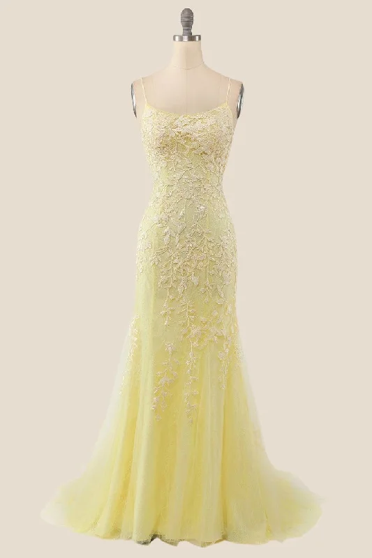 party-ready dressYellow Mermaid Lace Appliques Long Formal Dress