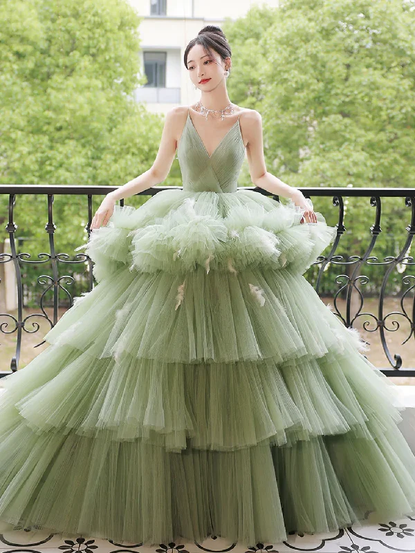 pleated maxi dressGreen v neck tulle long prom dress, green tulle sweet 16 dress Y838