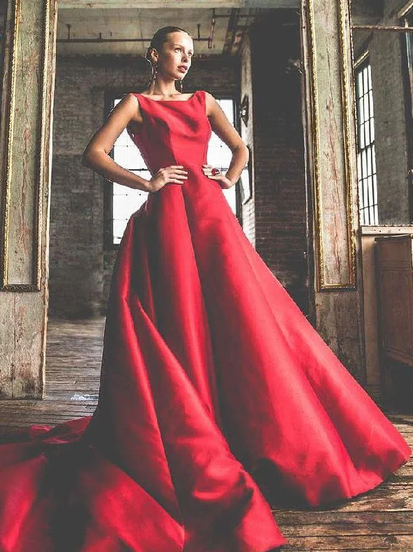 Stock Clearance Sweep/Brush Train Prom Dresses A-line Red Simple Cheap Long Prom Dress/Evening Dress NA4002