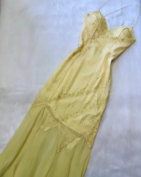 Deal Dash t-shirt dressGlitter Pastel Yellow Straps Beading Vintage Long Party Dress, DP2287 Deal Dash t-shirt dressGlitter Pastel Yellow Straps Beading Vintage Long Party Dress, DP2287