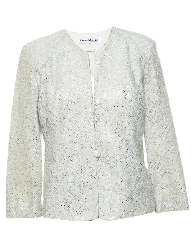 chic wool coatLurex Thread Pattern White Lace Evening Jacket - M