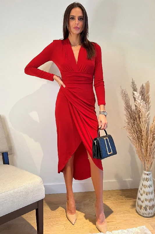 Price Blitz chic dressDora Red Wrap Style Front Split Midi Dress