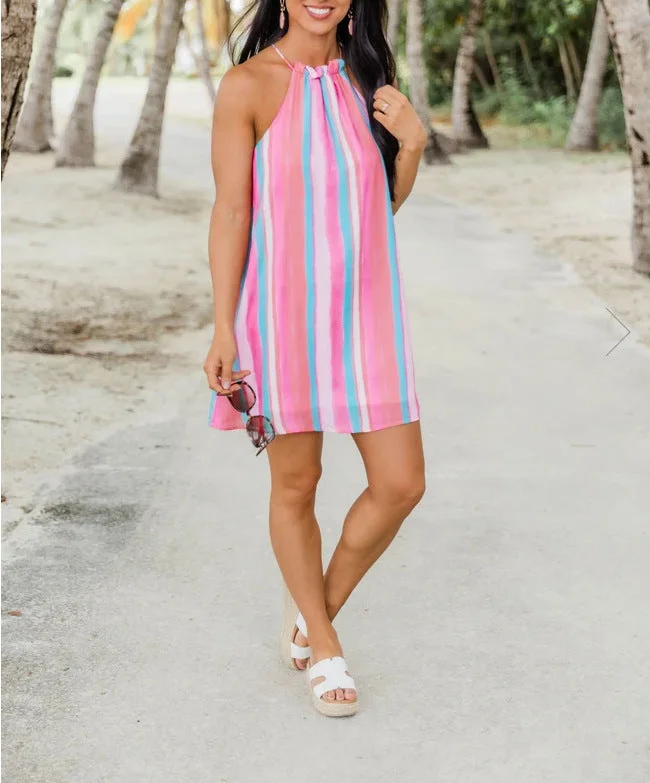 Shop and Save pleated maxi dressBohemian Multicolor Striped Chiffon Sleeveless Sling Beach Short Dress