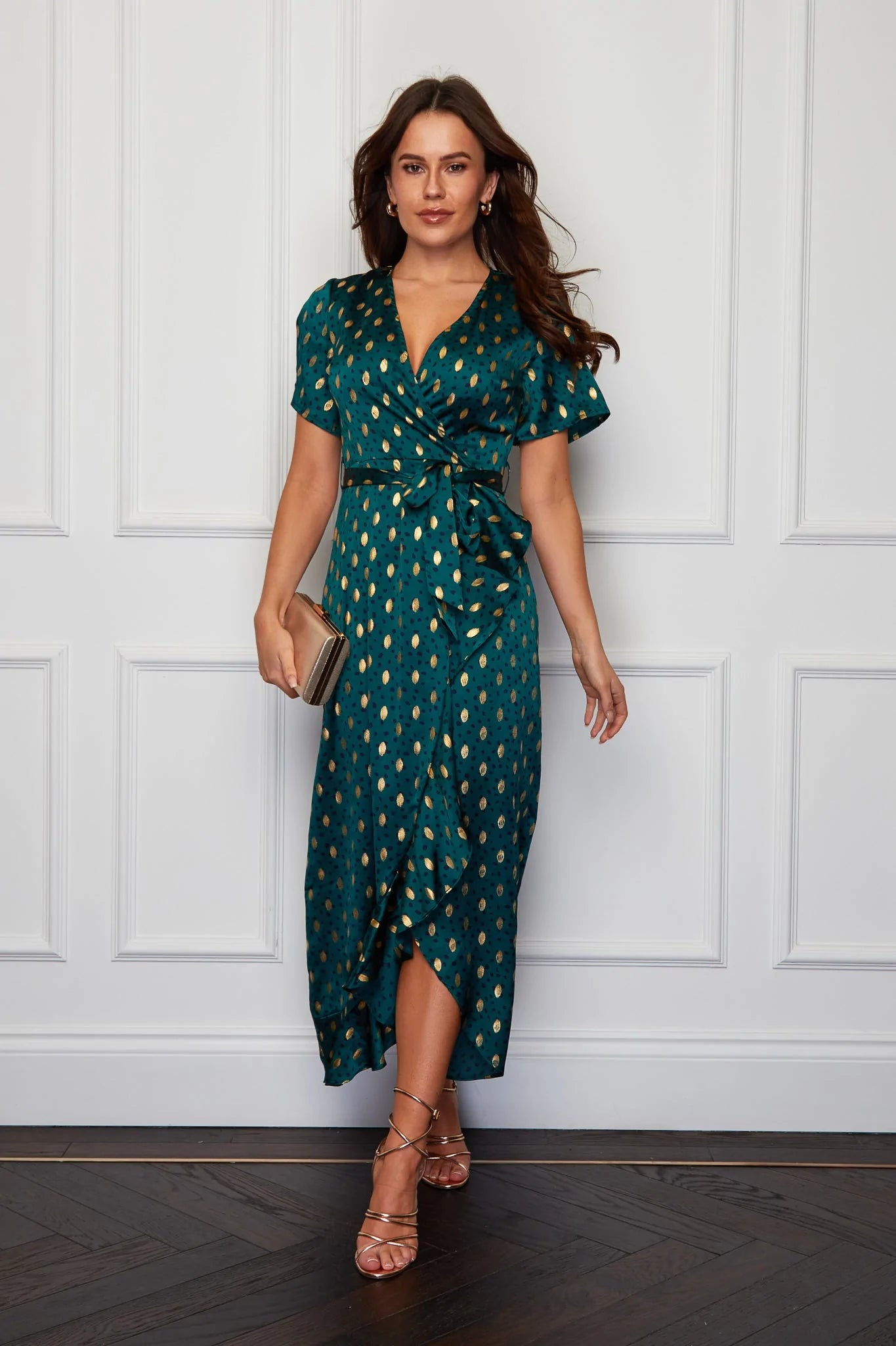 Exclusive Savings chic dressFiona Emerald Green Gold Foil Frill Hem Dress