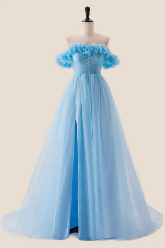 pleated dressOff the Shoulder Blue A-line Long Princess Dress