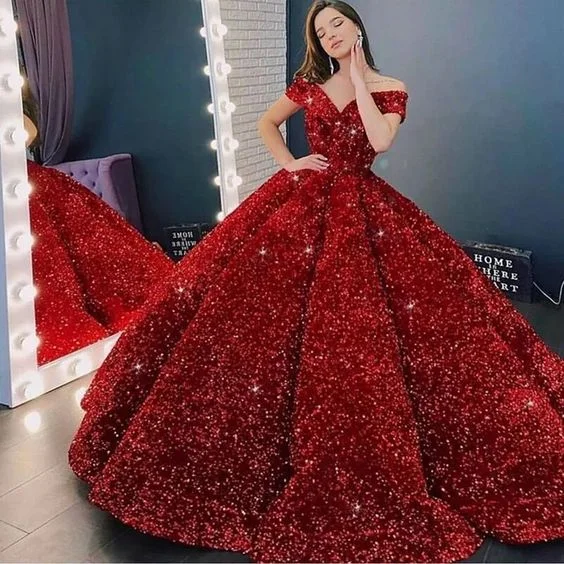 silk dressLuxury Sparkling Red Ball Gowns Quinceanera Dresses Off The Shoulder Sequin Pageant Gown Long Princess Sweet 16 Dress Y1210