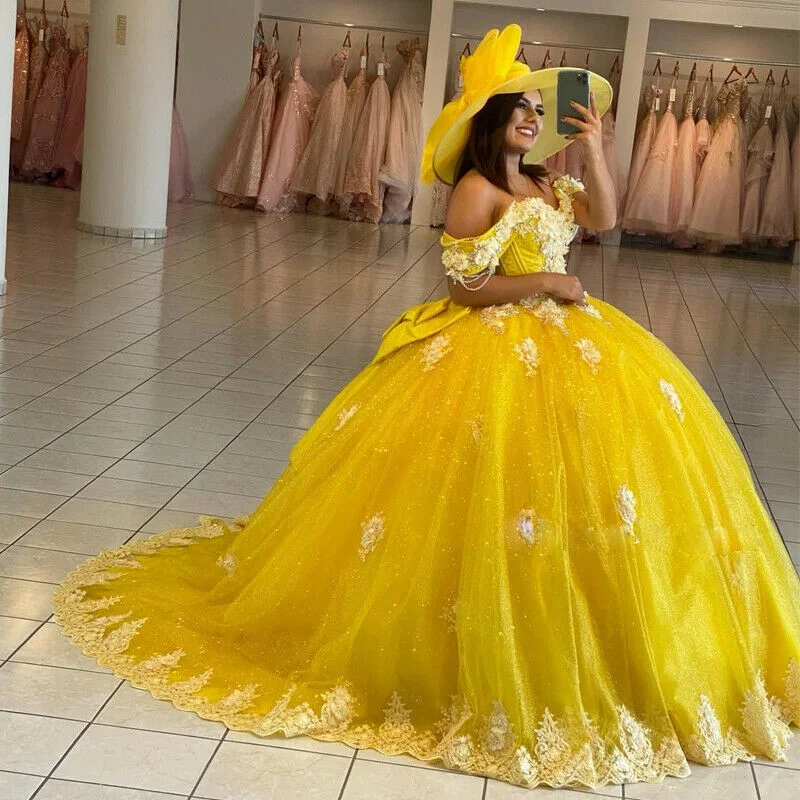 satin dressYellow Ball Gown Quinceanera Dresses Off Shoulder Lace up Back Sweep Train Appliques Beads Y656