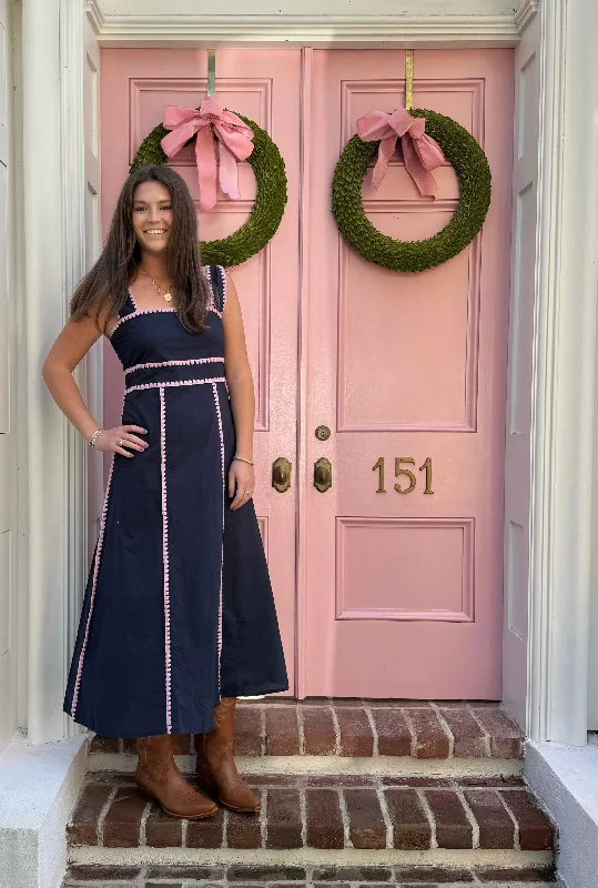 Midnight Madness Sabrina Dress Navy with Pink Whipstitch