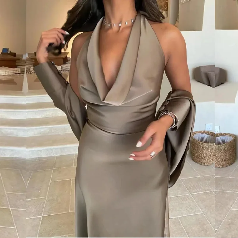 Deal of the Day wool dressBrown Halter Backless Satin Mermaid Evening Party Dress, DP2240