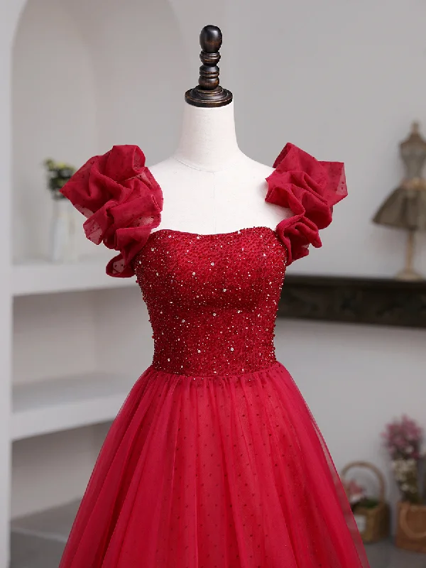 silk dressGenerous A-line Red Tulle Prom Dress,Lace-up Back Prom Dress Y795