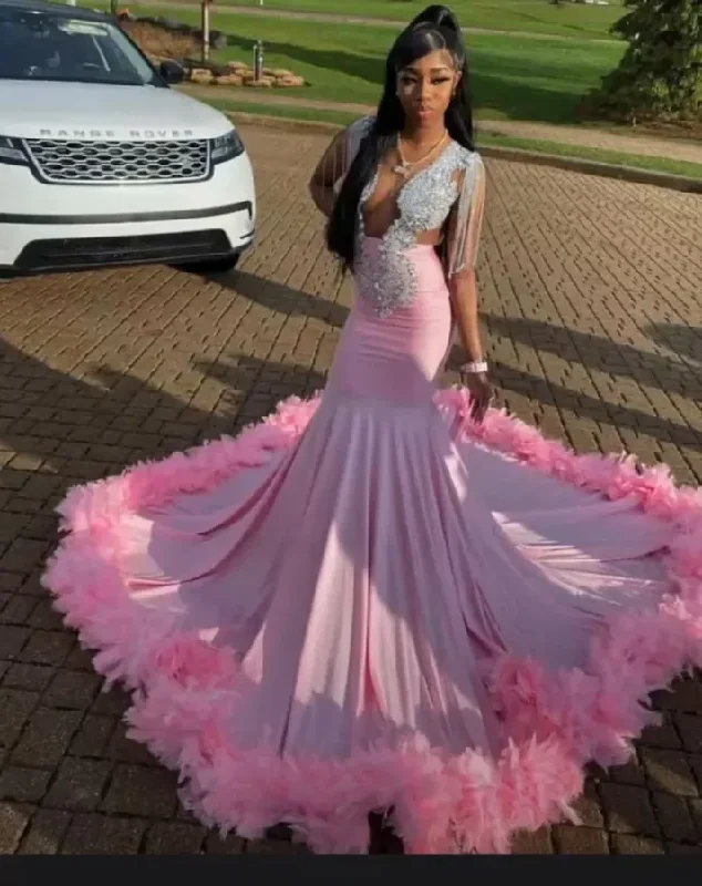 Lowest Price party dressPink African Prom Dress Mermaid Crystals Feather Black Girl Evening Dress, DP2387 Lowest Price party dressPink African Prom Dress Mermaid Crystals Feather Black Girl Evening Dress, DP2387