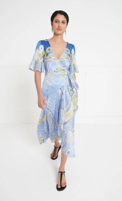 Extra Discounts Carline Print Wrap Dress - Vista Blue