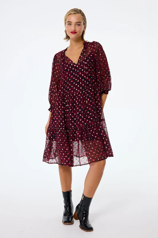 Online Specials satin dressRed with Black and Gold Foil Chiffon Tiered Short Dress