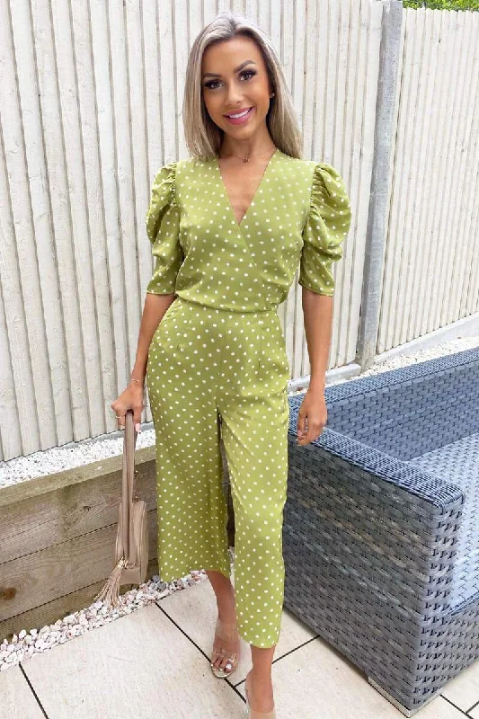 Best Deals form-fitting dressTerri Olive Green Polka Dot Puff Sleeve Jumpsuit