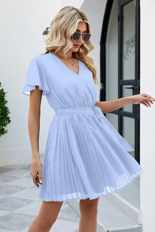 Hot Deal satin dressTIED WAIST PLATED V NECK CHIFFON DRESS