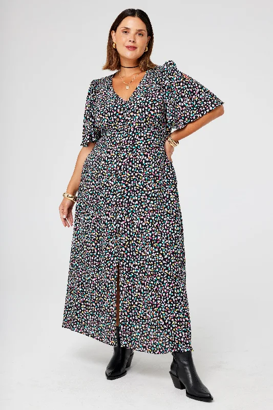 Super Sale stylish party dressBlack with Rainbow Confetti Angel Sleeve Midi Tea Dress