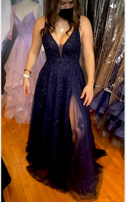 sophisticated dressSparkly A-line V Neck Navy Blue Prom Dress,Charming Graduation Dress Y1164