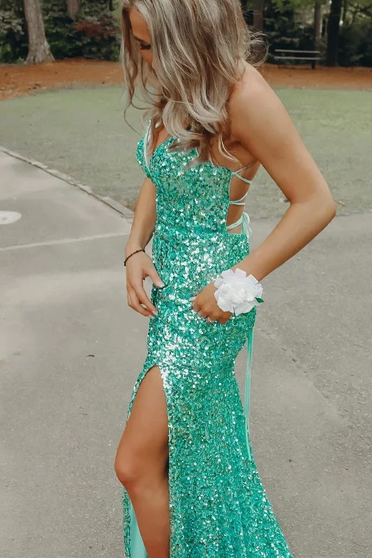 office dressSexy Green Sequins Mermaid Spaghetti Straps Long Prom Dress Y617