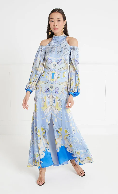 Best Deals Carline Print Cold Shoulder Dress - Vista Blue