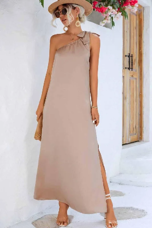 New Arrival sleeveless dressSLANTED RIBBON POINT SHOULDER MAXI SLIT DRESS