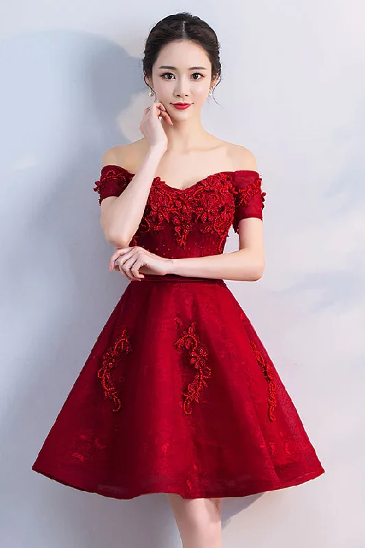 long-sleeve floral dressBurgundy tulle lace short homecoming dress Y256