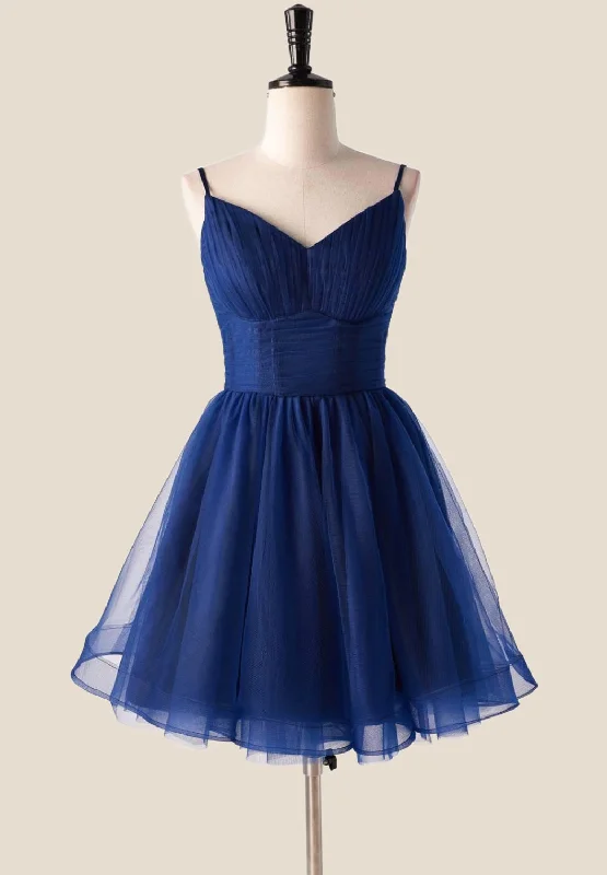 romantic dressPleated Navy Blue Tulle A-line Short Dress