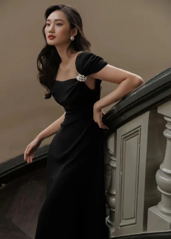 boho-chic dressBlack, pearl button-down, elegant half-sleeve prom dress, vintage dress Y1360