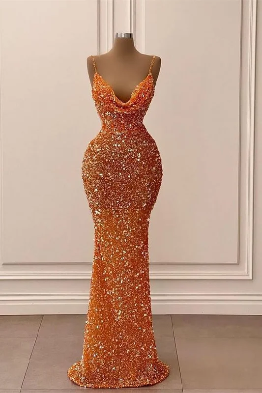 trendy dressOrange V-Neck Mermaid Spaghetti-Straps Long Prom Dress With Sequins Y21