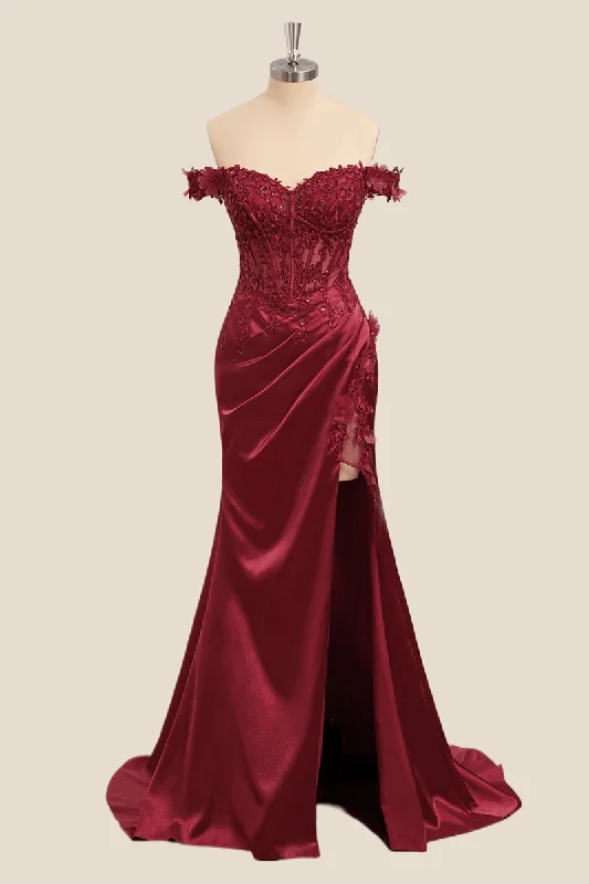 velvet dressLace Off the Shoulder Wine Red Satin Mermaid Dress