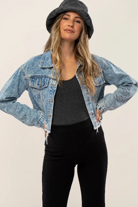 Weekend Deal Light Blue Distressed Cropped Maternity Denim Jacket