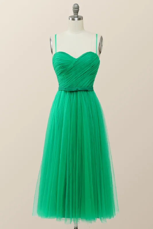 oversized dressSpaghetti Straps Green Tulle Midi Dress