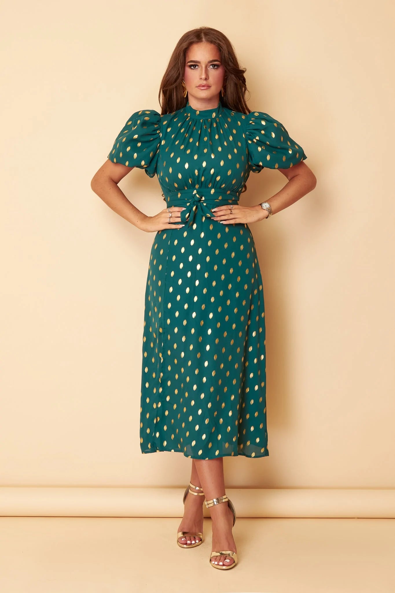 Extra Discounts comfy dressLilly Emerald Green Gold Foil Print Puff Sleeve Midi Dress