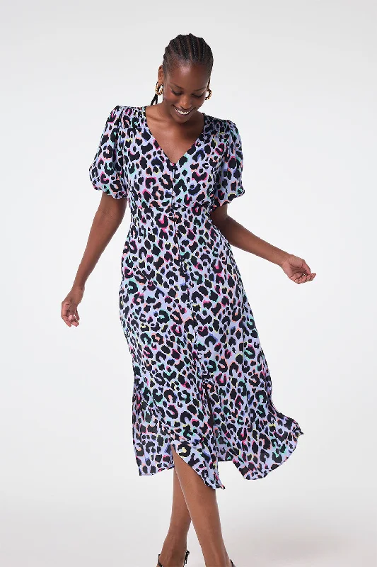 Markdowns casual evening dressLight Blue with Rainbow Shadow Leopard Puff Sleeve Midi Tea Dress