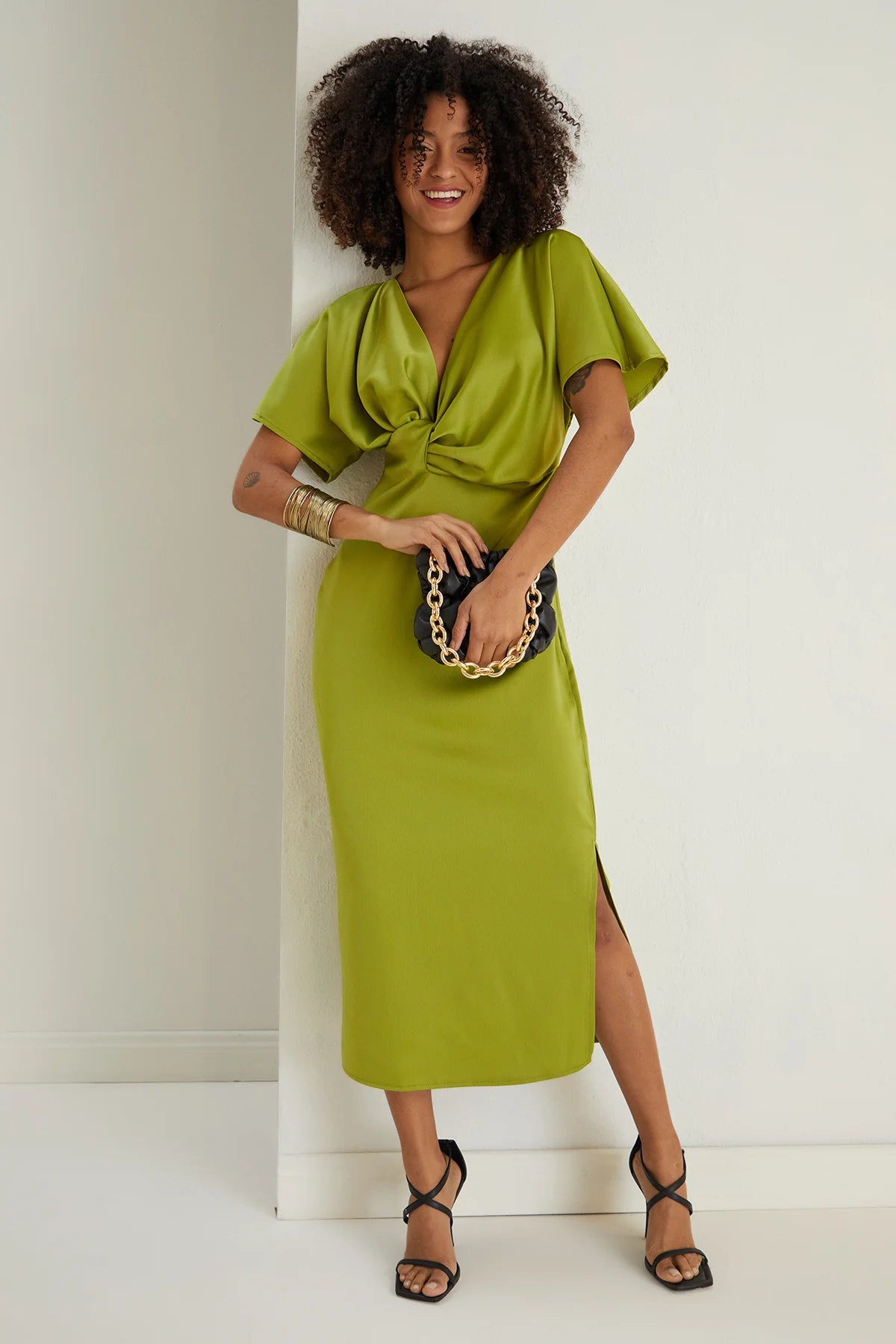 Clearance Event oversized dressFarra Lime Green Twist Detail Satin Midi Dress