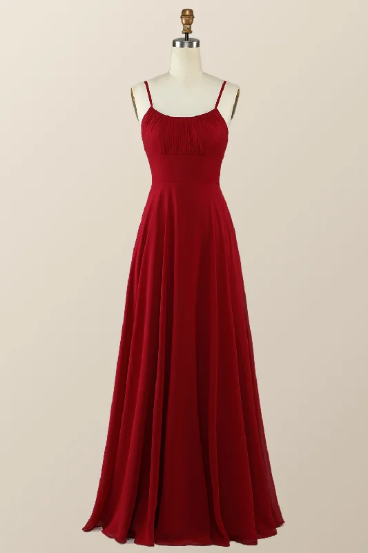 bodycon dressStraps Wine Red Chiffon A-line Long Bridesmaid Dress