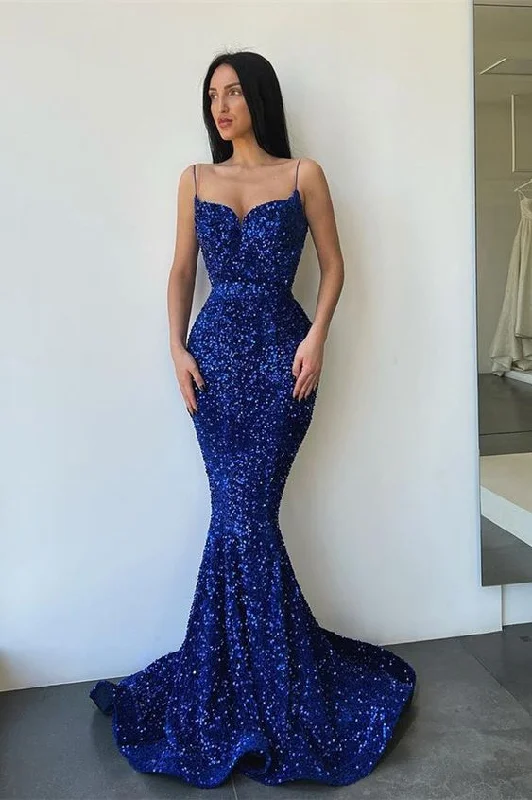 pleated dressSparkly Sleeveless Royal Blue Sequined Mermaid Prom Dresses Y1338