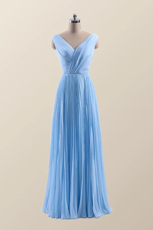 floral midi dressV Neck Blue Chiffon A-line Long Bridesmaid Dress