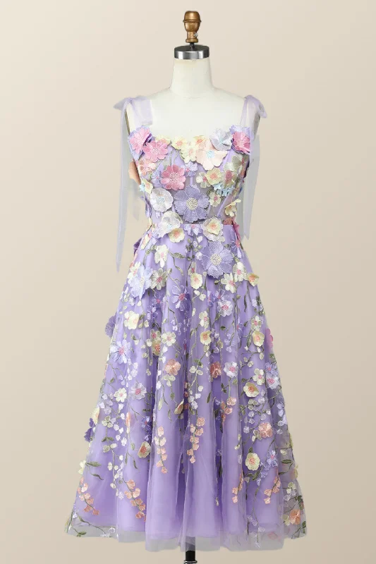 lace-up dressStraps Lavender 3D Flower Midi Dress