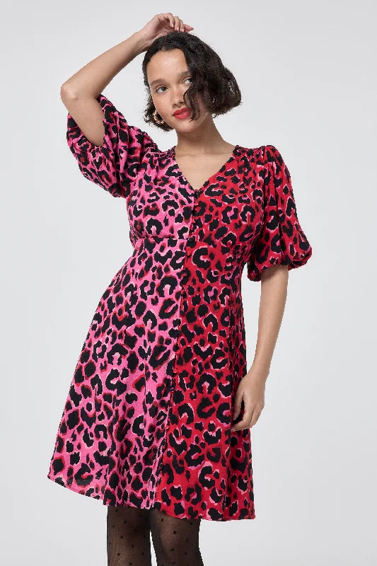 Overstock Sale sleek dressRed with Pink and Black Mix and Match Pop Leopard Puff Sleeve Short Tea Dress