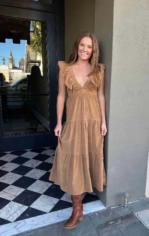 Can't Miss Savannah Midi Dress Caramel Corduroy