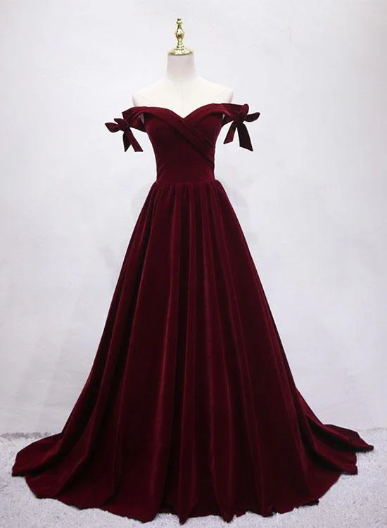 sleeveless dressChic Burgundy Velvet Long Prom Dress,Off The Shoulder Prom Gown Y1184