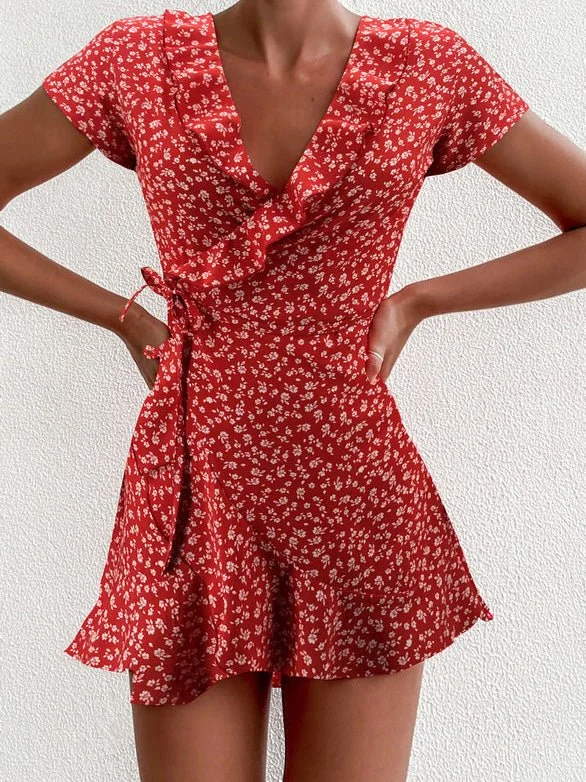 Deep Discounts ruffle dressFloral V-Neck Ruffled Lace-Up Dress