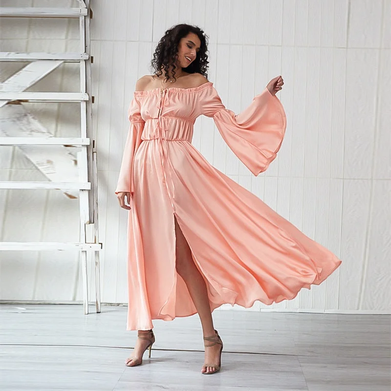 Mega Sale long sleeve dressKittenAlarm - Ladies Fashion Strapless Ruffle elastic long Sleeve waist elastic front slit Dress party dress