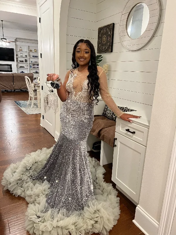 Exclusive Offers luxury dressSparkly Sivler Sequins Mermaid Prom Dress Black Girls Bead Evening Party Gown, DP2374 Exclusive Offers luxury dressSparkly Sivler Sequins Mermaid Prom Dress Black Girls Bead Evening Party Gown, DP2374