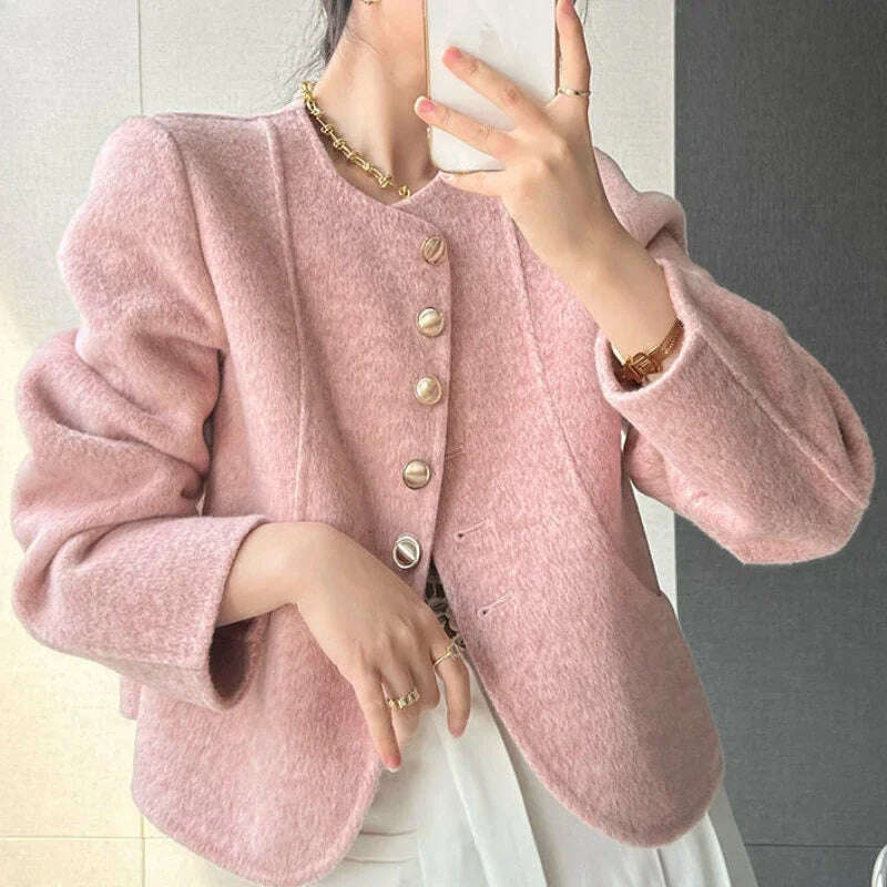 cozy winter coatElegant Round Neck Short Woolen Coat Fall Winter New Korean Loose Outerwear Fashion Solid Single Breasted Women Casaco Jackets