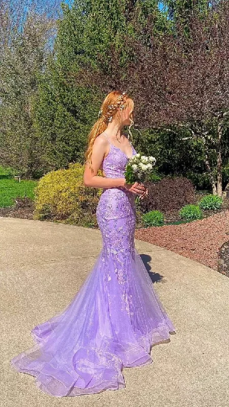 lace-up dressGorgeous Mermaid Spaghetti Straps Lavender Long Prom Dresses With Appliques Y1019