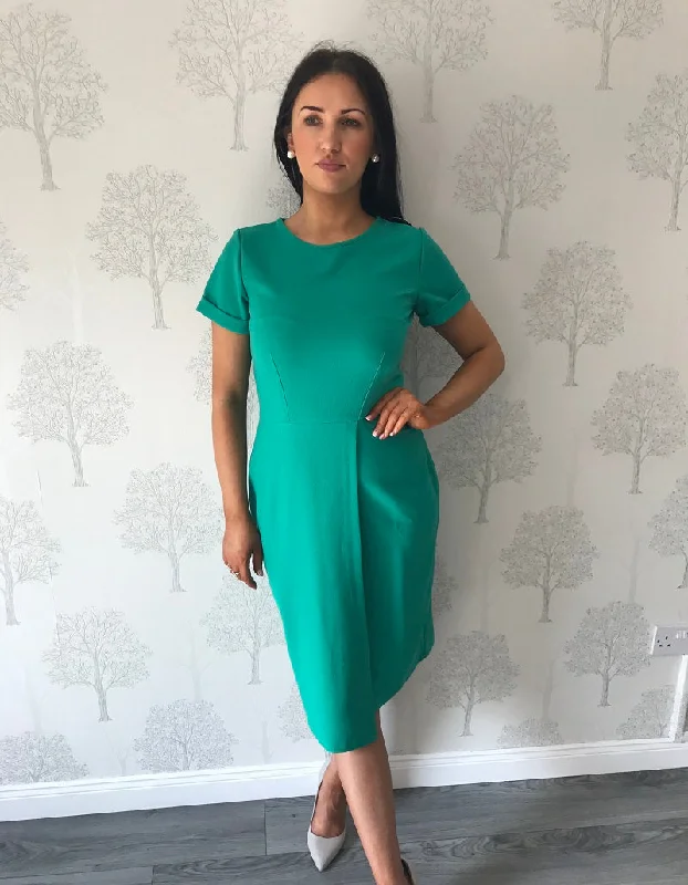 Overstock satin dressShannon Green Asymmetric Hem Wrap Skirt Dress
