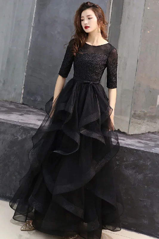 velvet dressBlack round neck tulle lace long prom dress, black formal dress Y255