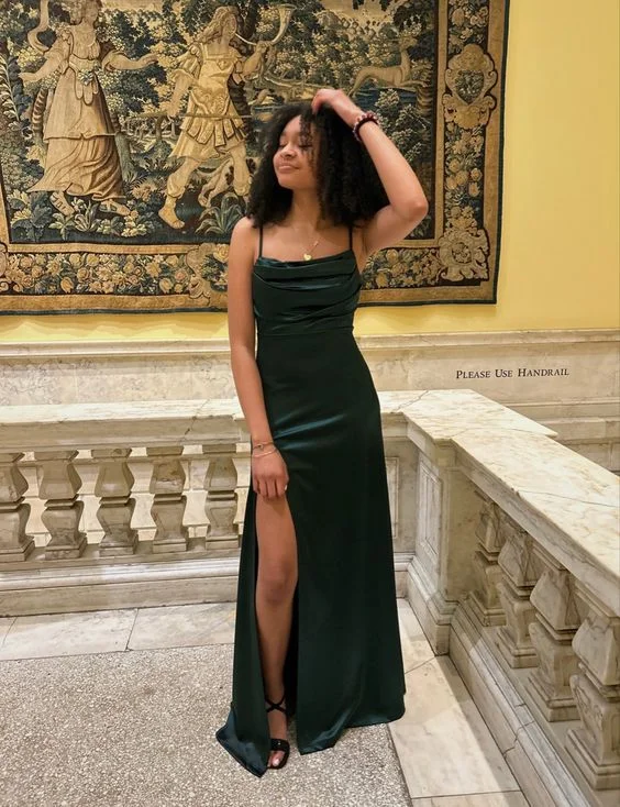 Reduced Prices textured dressDark Green Spaghetti Straps Formal Prom Dress with Slit, DP2543